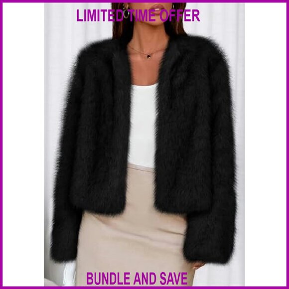 Cropped Faux Fur Jacket Open Front Fluffy Winter Coat Women's Outerwear - Picture 3 of 8